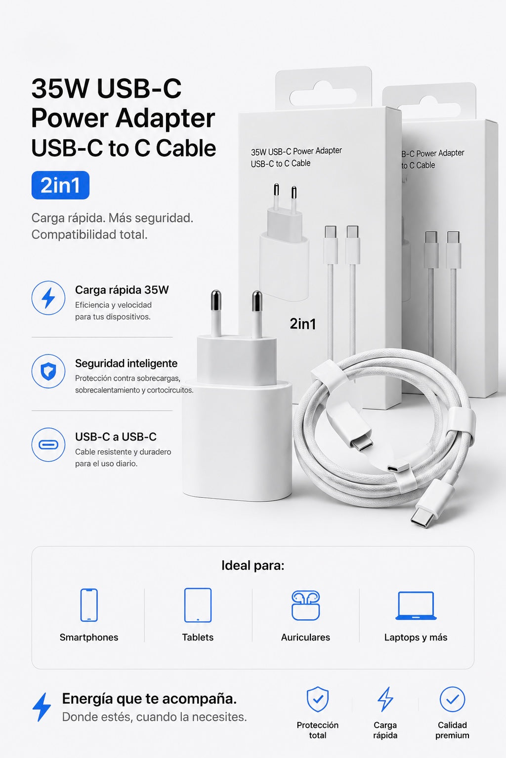 Cargador USB-C 20W + Cable USB-C a USB-C 60W (1m):